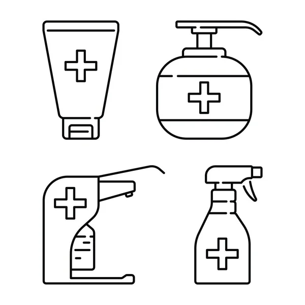 Gel y spray para limpiar y desinfectar virus, solución desinfectante. Establecer iconos en estilo plano. — Vector de stock