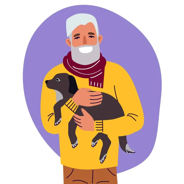 Männer mit Hund, beste Freunde, Spaziergang mit Haustieren, farbige flache Abbildung — Stockvektor