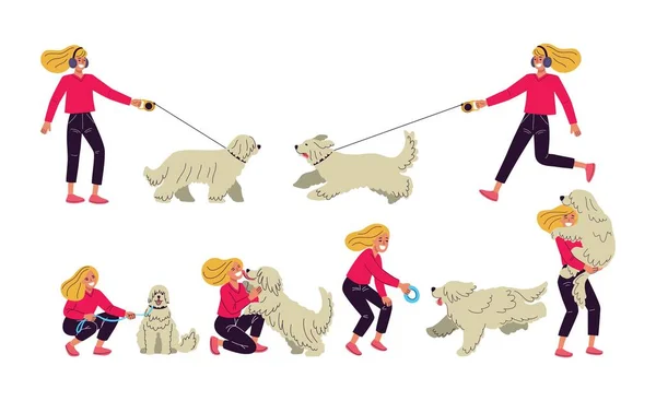 Kobieta spacerująca z psem i słuchająca muzyki w słuchawkach, spacerująca po parku ze zwierzętami domowymi, ilustracja w płaskim stylu — Wektor stockowy