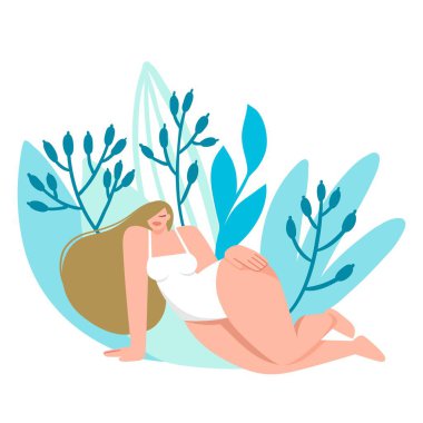 Yaprakların arkasındaki kadın karakter. Vücut pozitif. Vücudunu sev