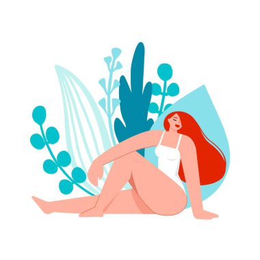 Yaprakların arkasındaki kadın karakter. Vücut pozitif. Vücudunu sev