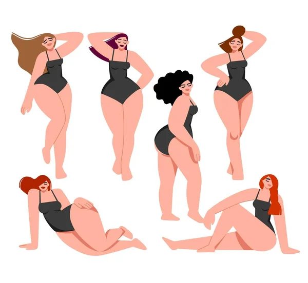 Girls with light skin in various poses. Body positive. Love your body — Stock Vector