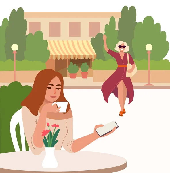 Woman drinking coffee, waiting for a girlfriend and watching news in the phone — Stock Vector
