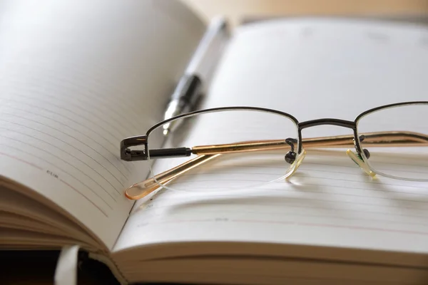 Gafas y bolígrafo en diario abierto — Foto de Stock