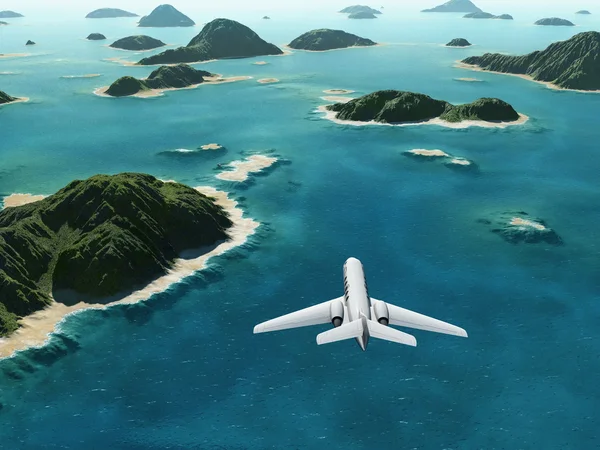 Aircraft flies over a tropical islands — Stock Photo, Image