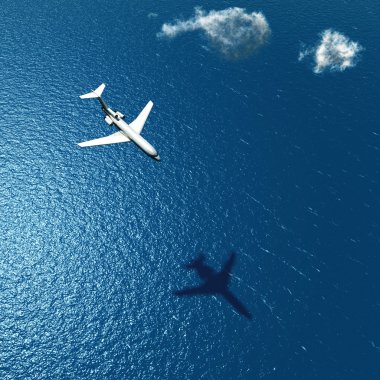 airplane flies over a sea clipart