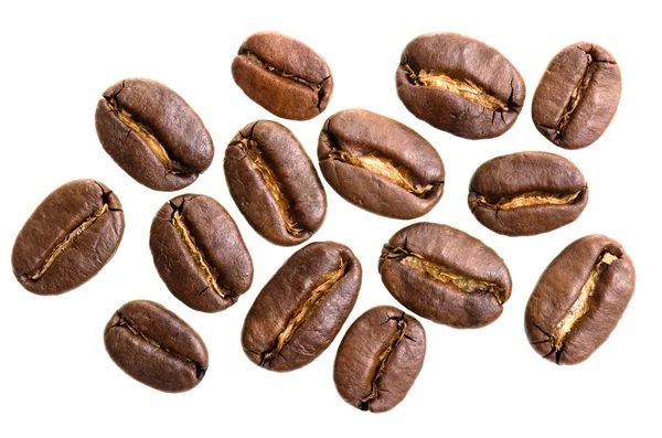 Molti chicchi di caffè espresso prima sfondo bianco — Foto Stock