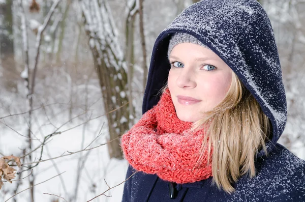 Jonge blonde vrouw met muts en sjaal winter hout portret — Stockfoto