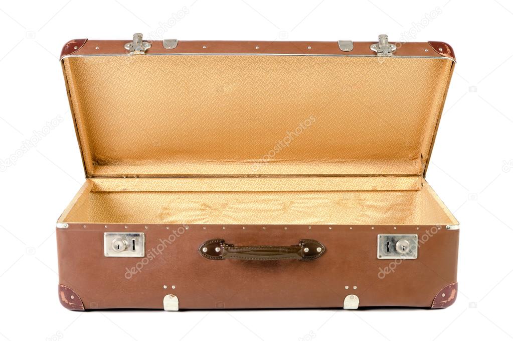 old suitcase open before white background