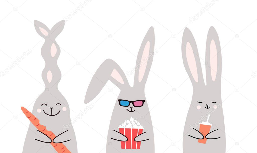 Bunnies set. Popcorn, carrot, soda. Cute cartoon funny character. Cinema theater. Film show. Rabbits in 3D glasses watching a movie. Kids print for a notebook cover.  Background. Flat design