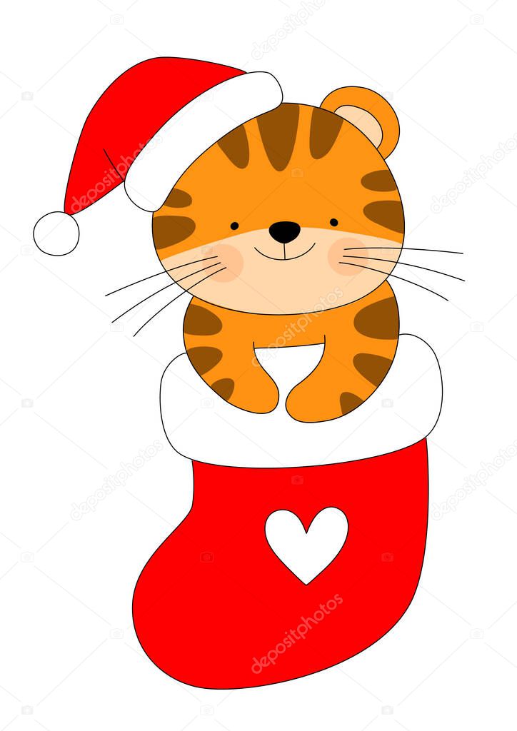 Cute vector illustration of tiger character design in sweet socks for New Year and Christmas Doodle cartoon style