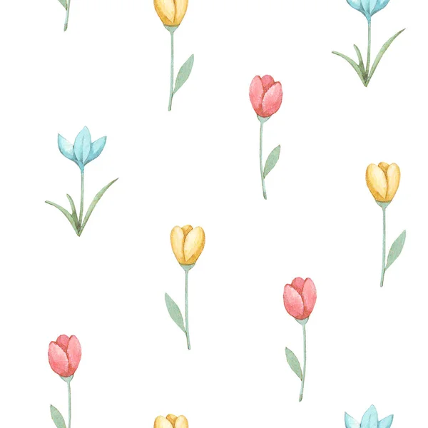 Kwiatowy Wzór Prostymi Kwiatami Bezszwowy Nadruk Akwarelowy Białym Tle Ilustracja Obrazek Stockowy