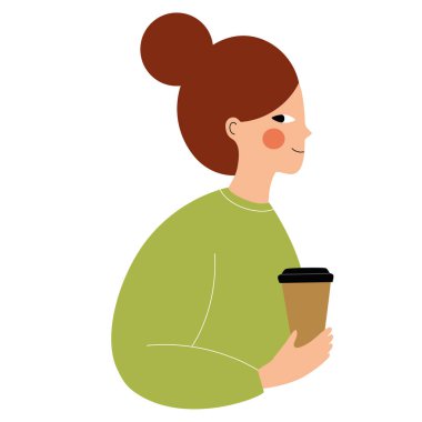 Kahve fincanı taşıyan sevimli gülümseyen kız. Sıcak bir içecek tutan mutlu çizgi film kadını. Almak ya da hediye vermek, ikramiye, terfide kazanç. Tasarım çizimi beyaz arkaplanda izole edildi.