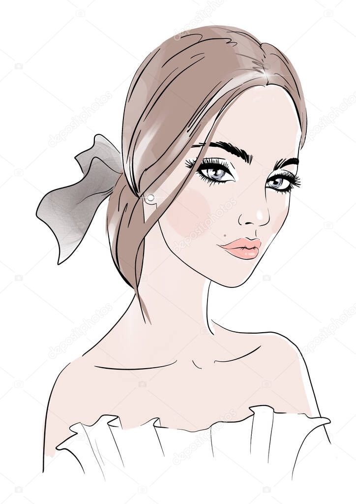 A beautiful young woman face makeup drawing sketch. Hand-drawn modern fashion illustration of a girl model art portrait. Beauty background for cosmetics banner design.