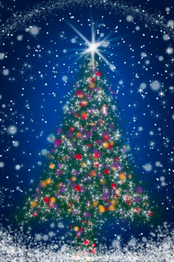 Mavi yıldızlı gece gökyüzü parlak Noel ağacına