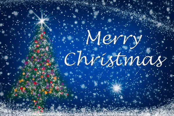 Sparkly kerstboom met merry christmas tekst op sterrenhemel — Stockfoto