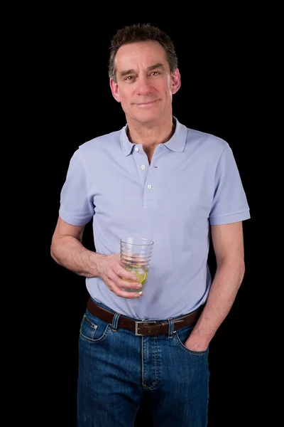 Handsome Smiling Middle Age Man Holding Drink — Stock Photo, Image