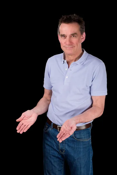 Smiling Man Hands Forward Demonstrating Something — Stock Photo, Image