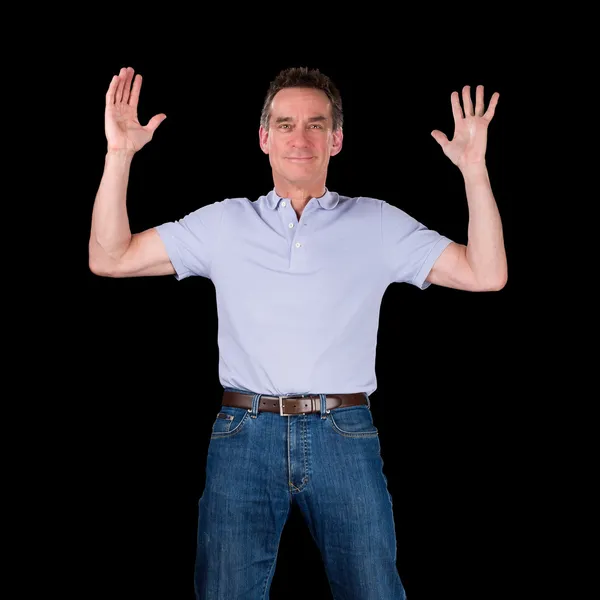 Boldog izgatott ember kezet emelt a levegőben — Stock Fotó