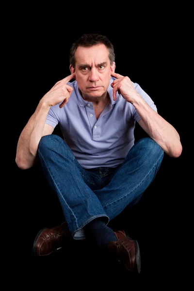 Angry Man Fingers in Ears Not Listening Cross Legged — Stock Photo, Image