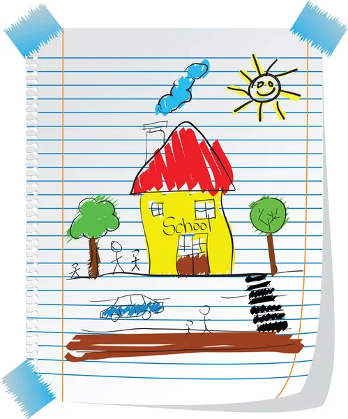 Kind als tekening met kid school en de zon — Stockvector