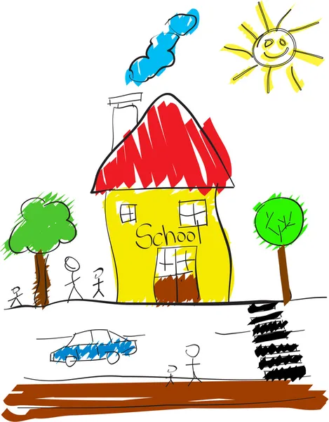 Kind wie Zeichnen mit Schule und Sonne — Stockvektor