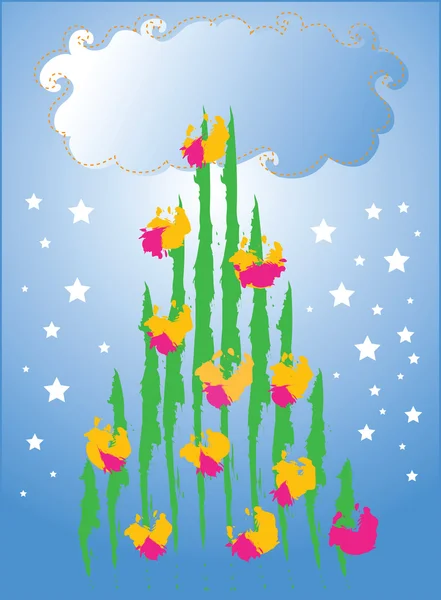 Tarjeta de Navidad con un árbol y muchas estrellas , — Vector de stock