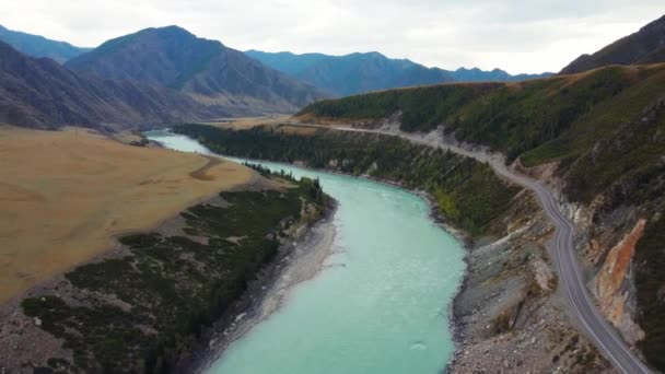 Birds-eye view of the calm mountain green Katun River. Autumn landscape of the wild nature of the Altai Territory: a huge mountain with trees. — Stock Video