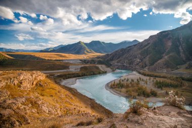Çok güzel dağ nehirleri Chuya ve Katun 'un birleşiminin panoramik manzarası. Resimler harika, popüler dağlık bölgeler. Sanat eseri, huzurlu Chuya-Katun vadisi, Gorny Altai, Sibirya, Rusya