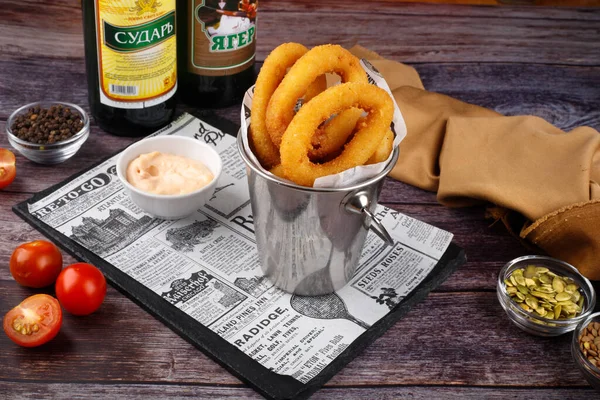 Baked Oven Breaded Squid Rings Served Sweet Sauce Mayonnaise Background — Stock Photo, Image
