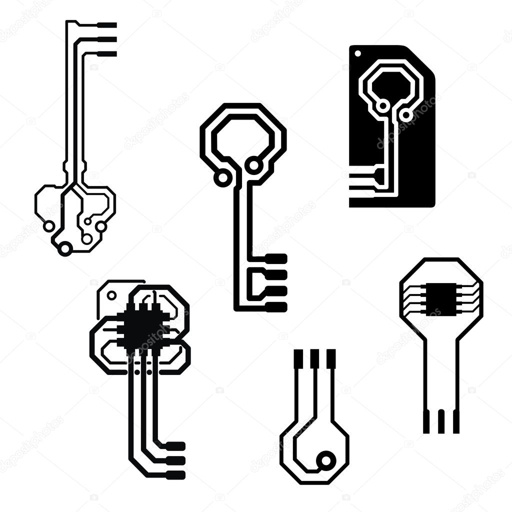 Vector simple keys for logos or icons made of circuit board pattern