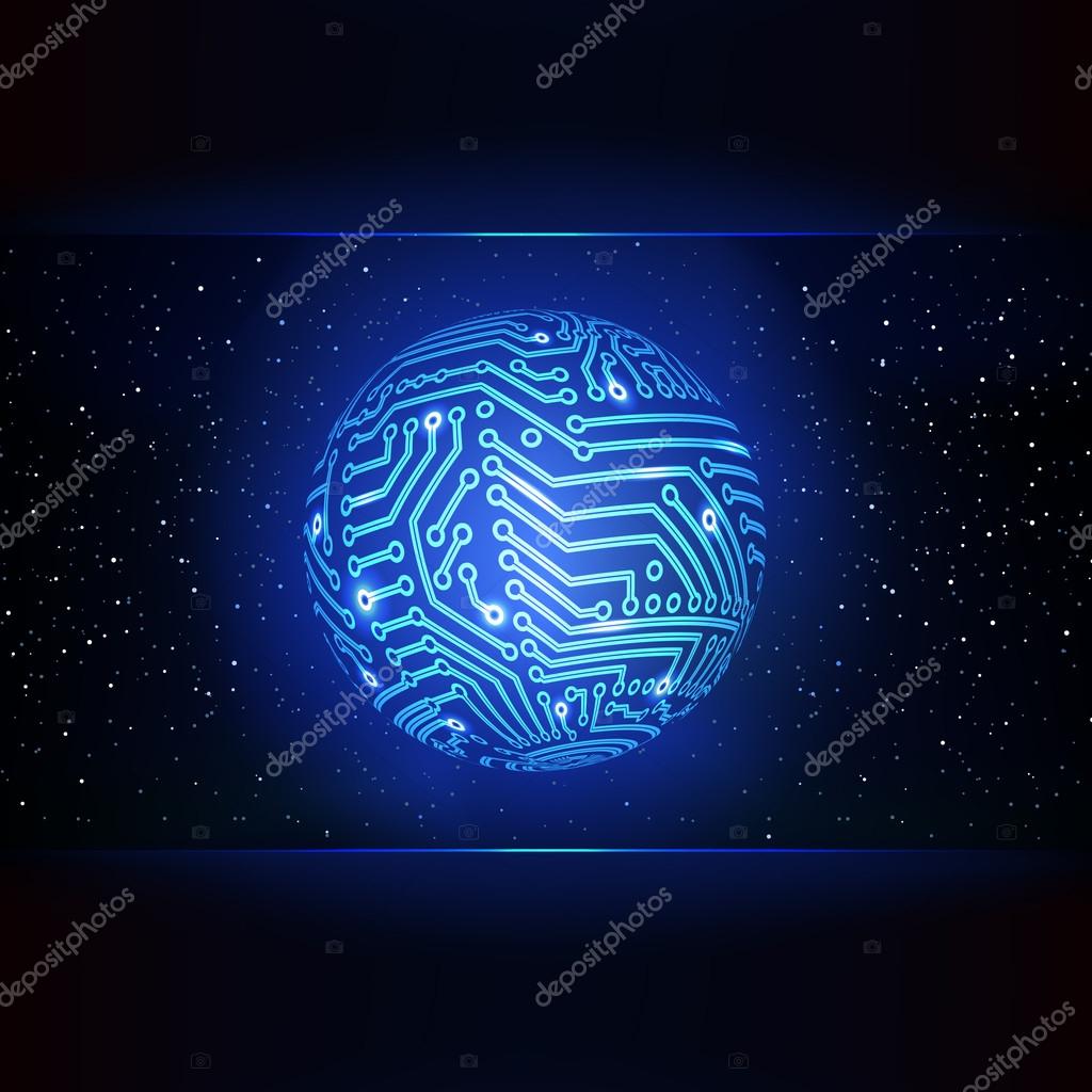 Vector circuit board globe in the space.