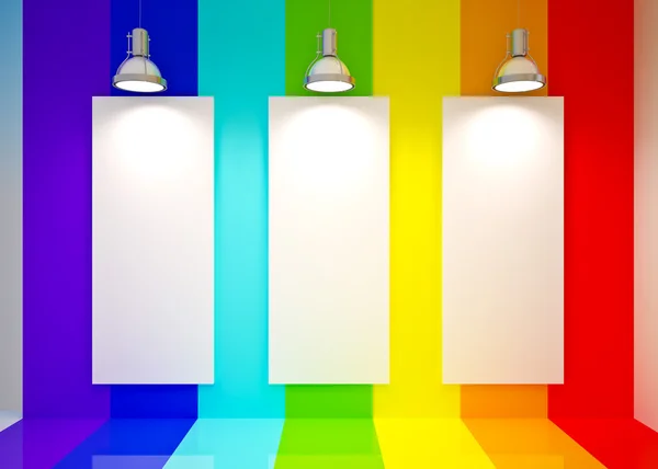 Bannière sur mur de couleurs arc-en-ciel avec des lampes — Photo