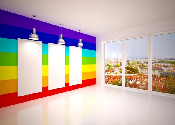 Banner on in rainbow colors wall with lamps — Stock Photo, Image