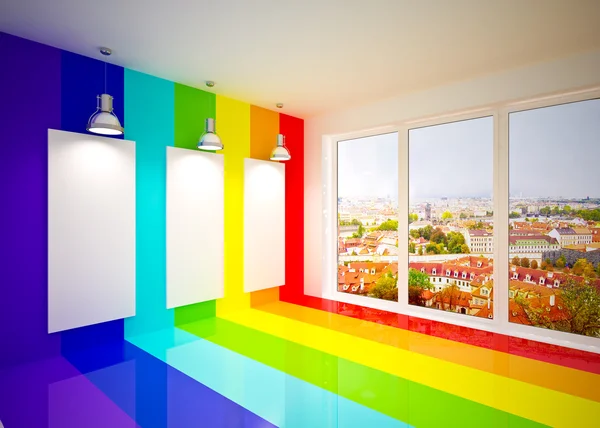 Banner op in regenboog kleuren muur met lampen — Stockfoto