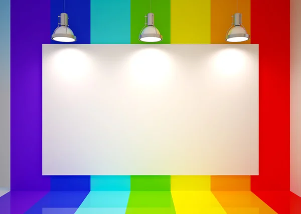 Bannière sur mur de couleurs arc-en-ciel avec des lampes — Photo