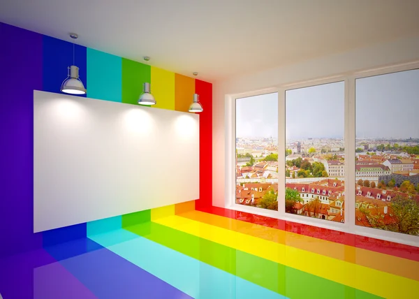 Banner op in regenboog kleuren muur met lampen — Stockfoto