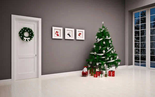 Christmas Empty interior with door & tree — Stock Photo, Image