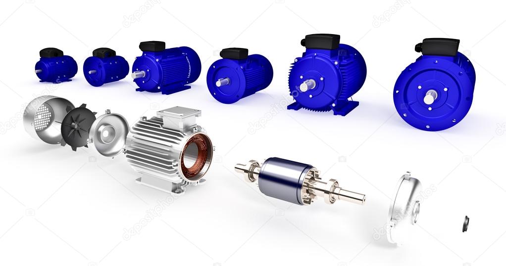 Set of different industrial electric motors