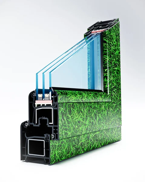Kesim Pvc Profil Penceresi Üçlü Camlı Taklit Yeşil Çimen — Stok fotoğraf