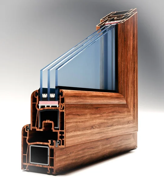 Okno Pvc Profilu Řezu Trojitým Zasklením Imitace Vrstveného Dřeva — Stock fotografie