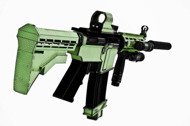 Çarpıştırıcı görüşlü ve susturuculu 3D otomatik tüfek.