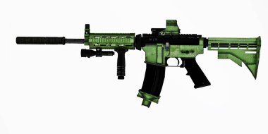 Çarpıştırıcı görüşlü ve susturuculu 3D otomatik tüfek.