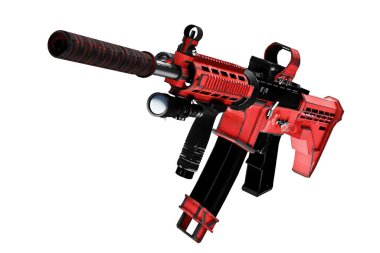 Çarpıştırıcı görüşlü ve susturuculu 3D otomatik tüfek.