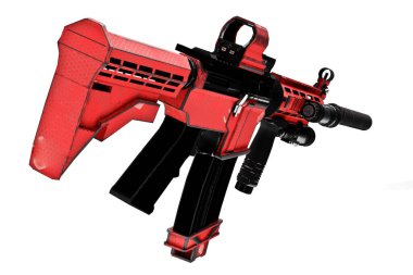 Çarpıştırıcı görüşlü ve susturuculu 3D otomatik tüfek.