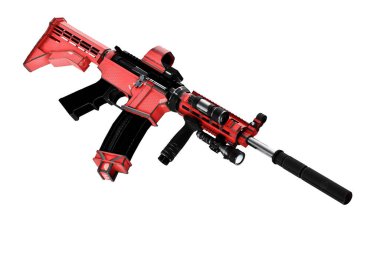 Çarpıştırıcı görüşlü ve susturuculu 3D otomatik tüfek.