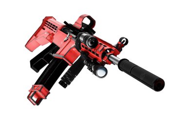 Çarpıştırıcı görüşlü ve susturuculu 3D otomatik tüfek.