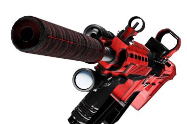 Çarpıştırıcı görüşlü ve susturuculu 3D otomatik tüfek.