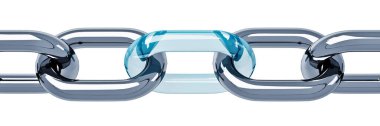 Merkezinde cam bir halka olan bir zincirin 3 boyutlu modeli beyaz arka planda izole edilmiş. 