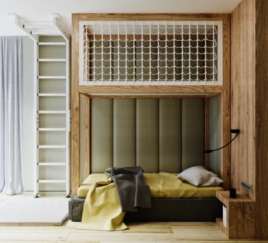 Modern erkek odasının panoramik penceresi ve çift kişilik yatağı var.